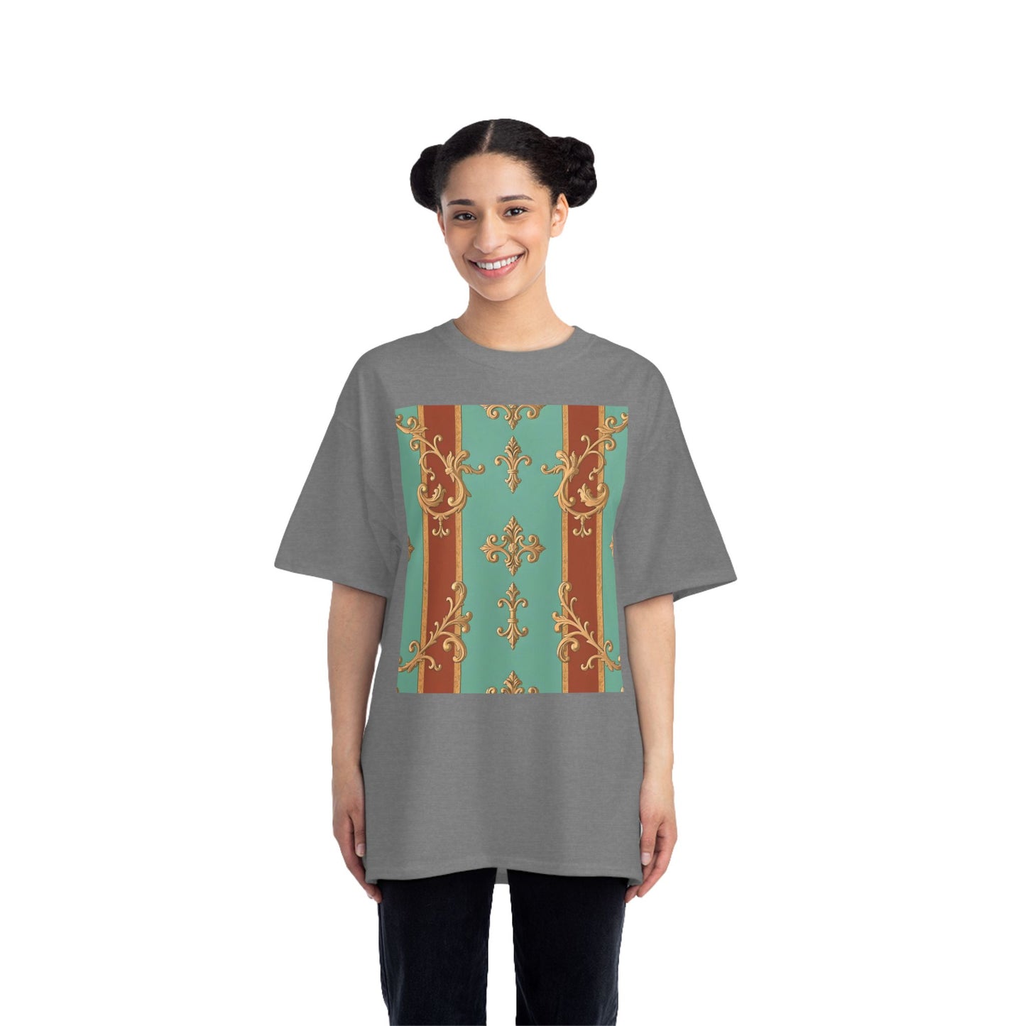 Elegant Vintage Patterned T-Shirt | Vintage Style Tee, Casual Wear, Retro Aesthetic - Rust & Mint Aqua Striped Baroque
