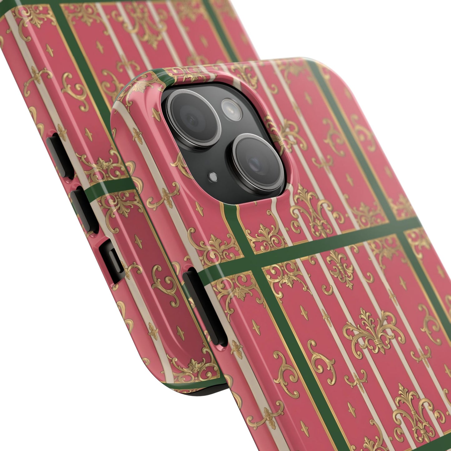 Elegant Green Border Pink Striped Baroque Phone Cases, Tough Phone Cases for Protection, Stylish Mobile Accessories, Gift for Her, Holiday Tech Gifts
