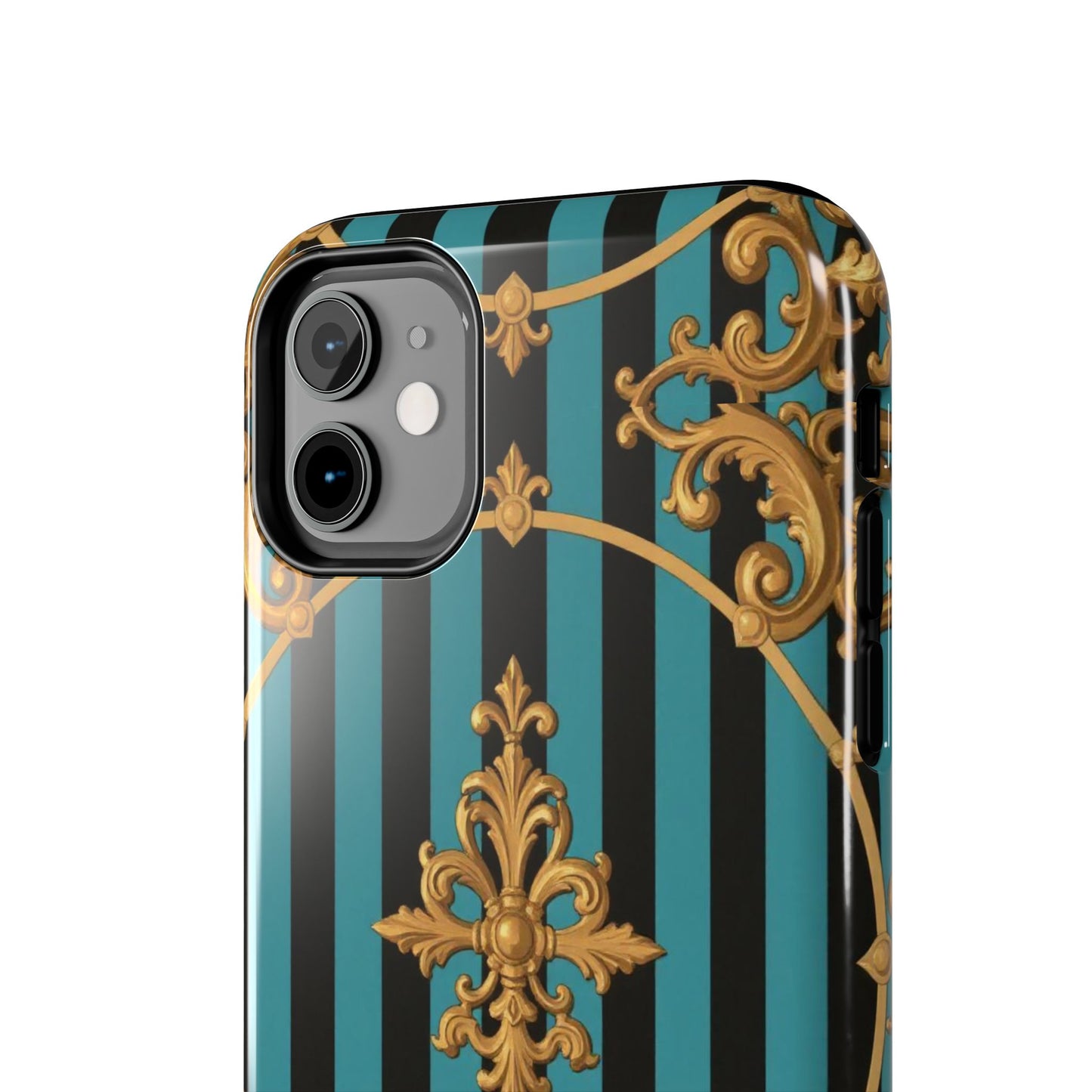 Elegant Turquoise & Black Striped Gold Baroque Phone Case, Tough Phone Cases for Fashion Lovers, Gift for Her, Luxury Accessories