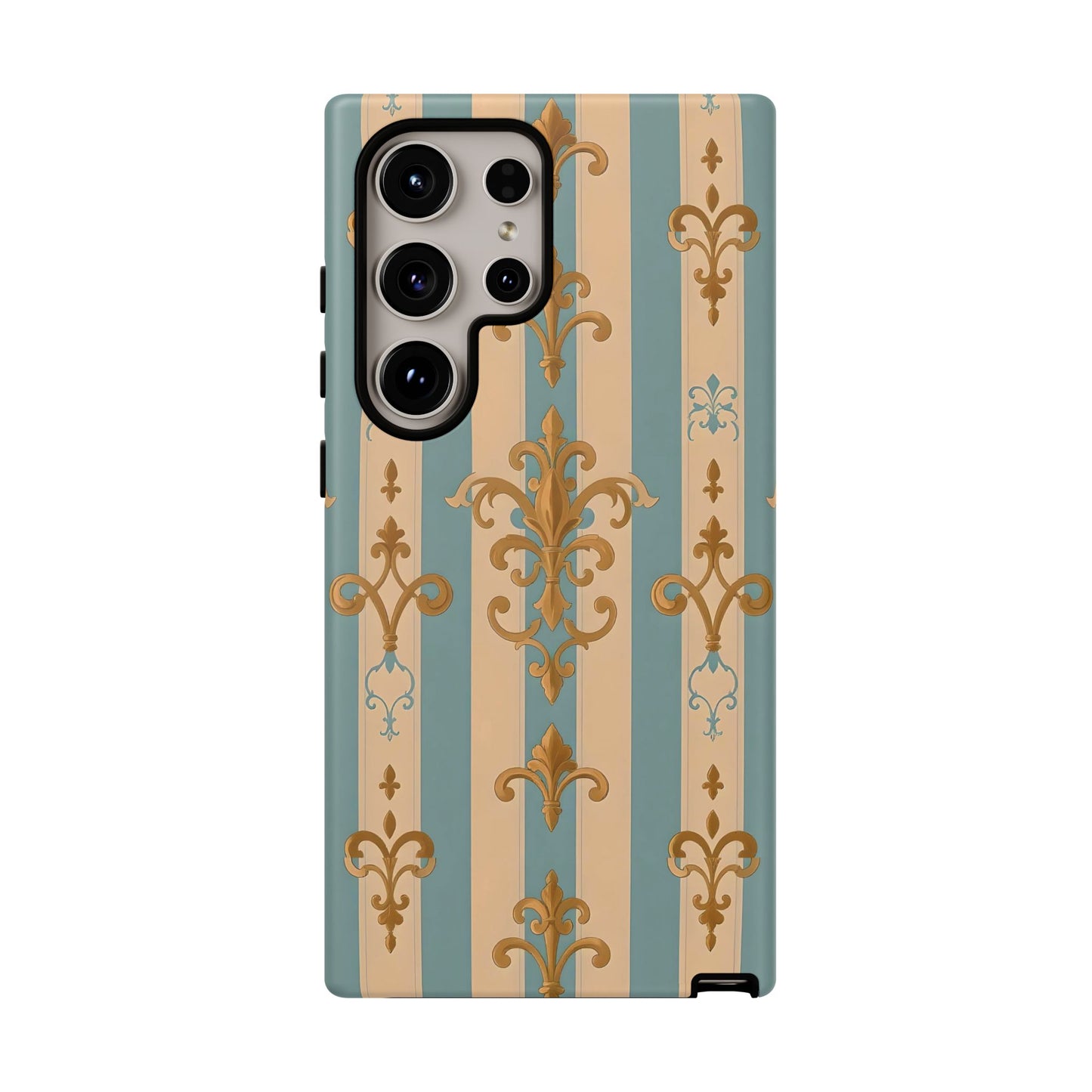 Elegant Floral Motif Phone Case - Tough Cases with Vintage Design -  Beige & Sky Blue Striped Gold Damask