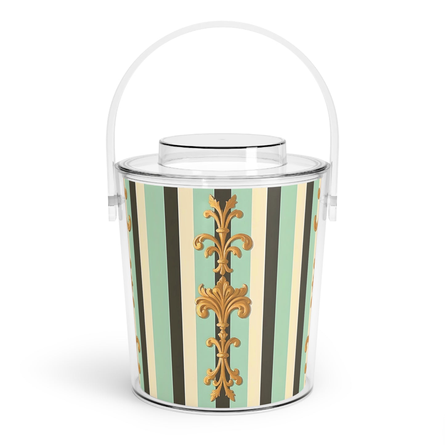 Elegant Ice Bucket with Tongs, Decorative Drink Chiller, Party Essential, Barware Gift - Black & Matte Mint Striped Rococo