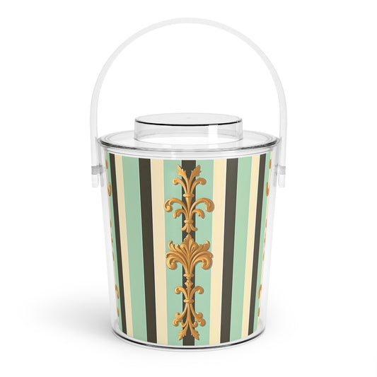 Elegant Ice Bucket with Tongs, Decorative Drink Chiller, Party Essential, Barware Gift - Black & Matte Mint Striped Rococo