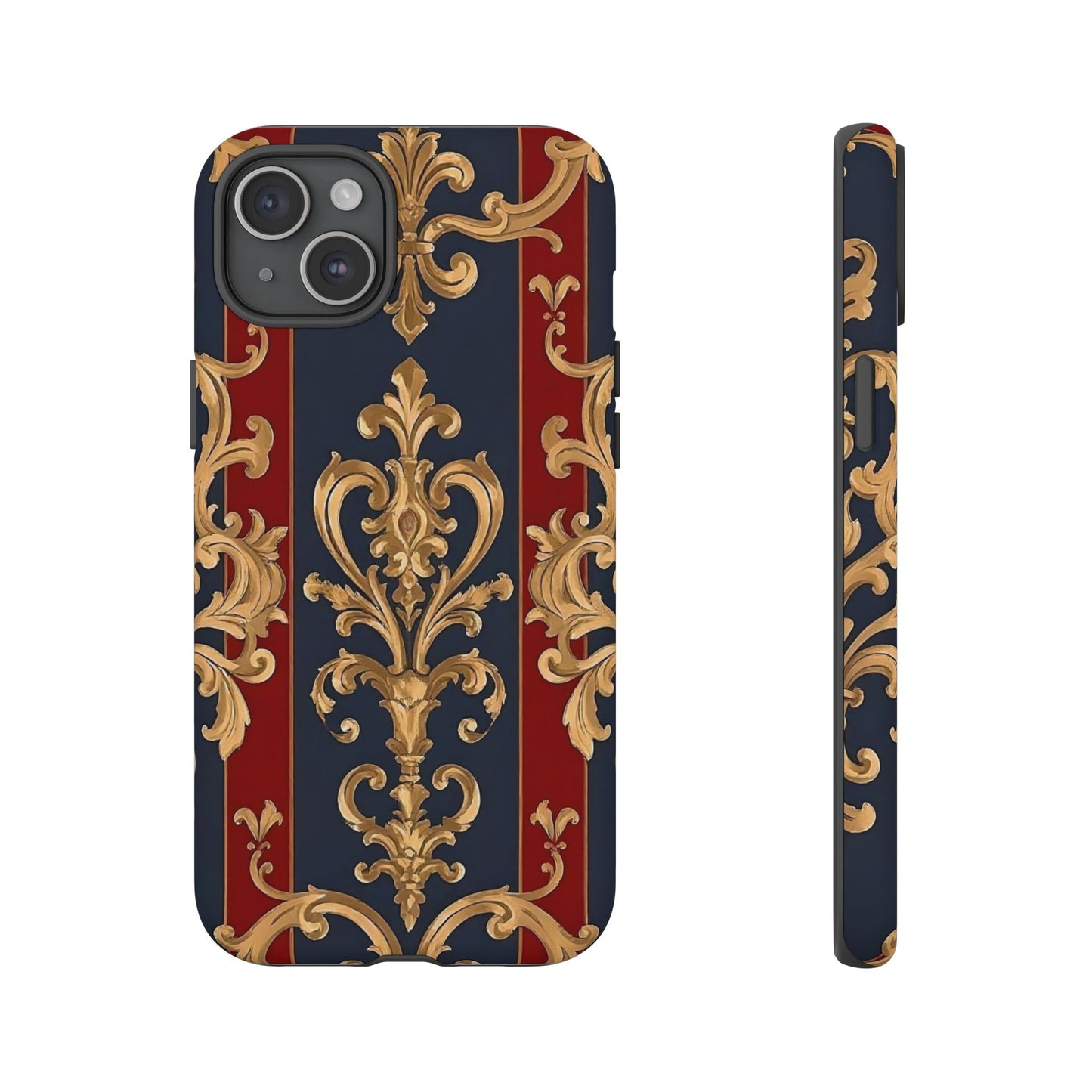 Elegant Floral Motif Phone Case - Tough Cases with Vintage Design - Midnight Blue & Dusk Red Striped Gold Damask