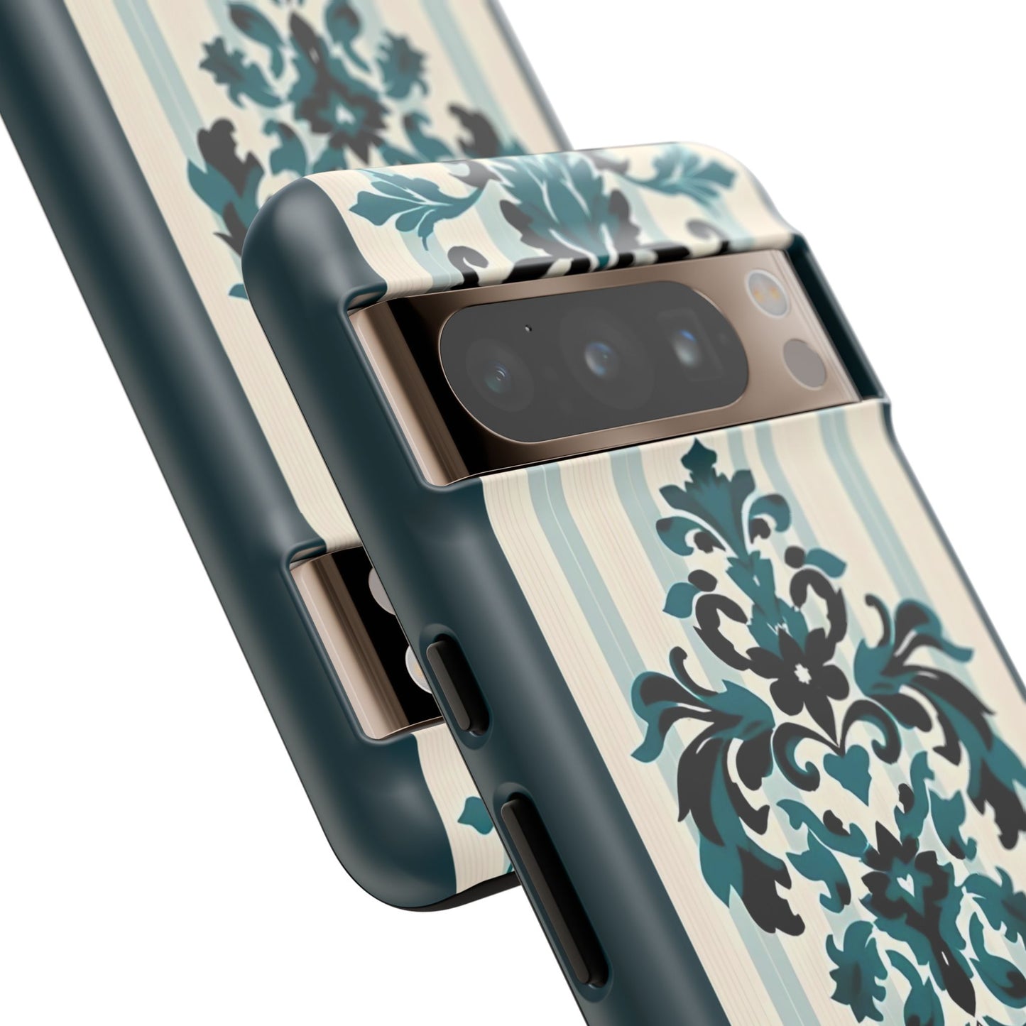 Elegant Floral Phone Case - Tough Cases with Vintage Design - Teal Striped Damask