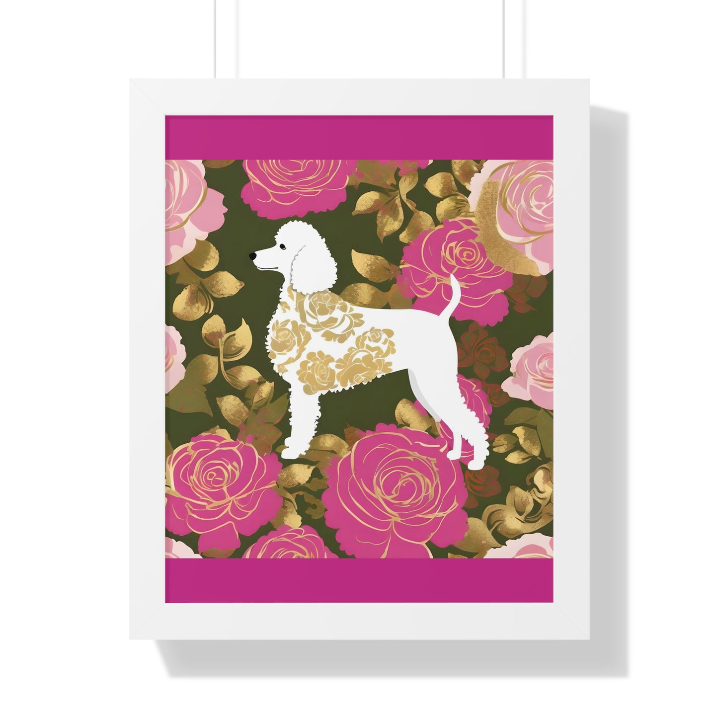 Vertical Poster - Stylish Framed - Art for Home Decor - Damask White Poodle & Pink Roses