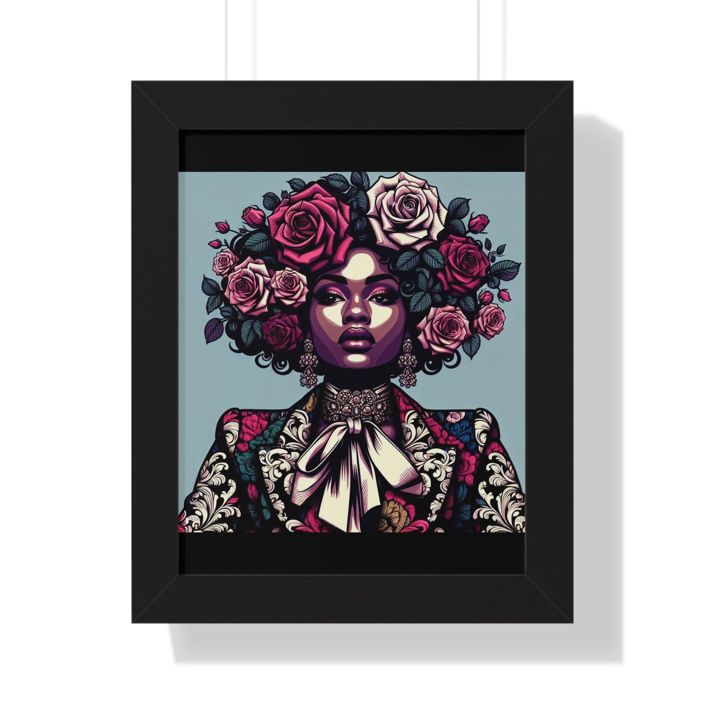 Vertical Poster -  Lady In Damask Suit & Roses Wall Art