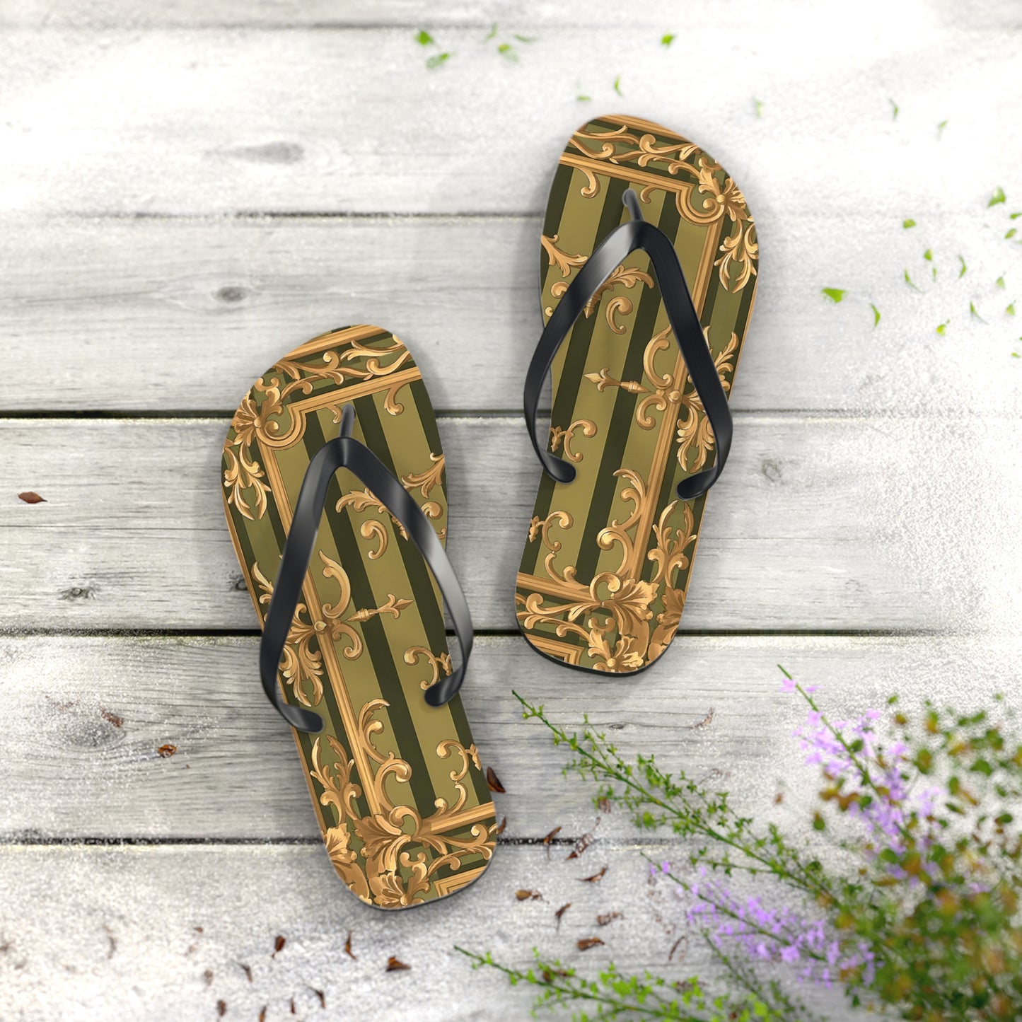 Elegant Floral Flip Flops, Summer Sandals, Beach Footwear, Vacation Essentials, Gift for Her, Outdoor Adventures - Olive Green Striped Rococo