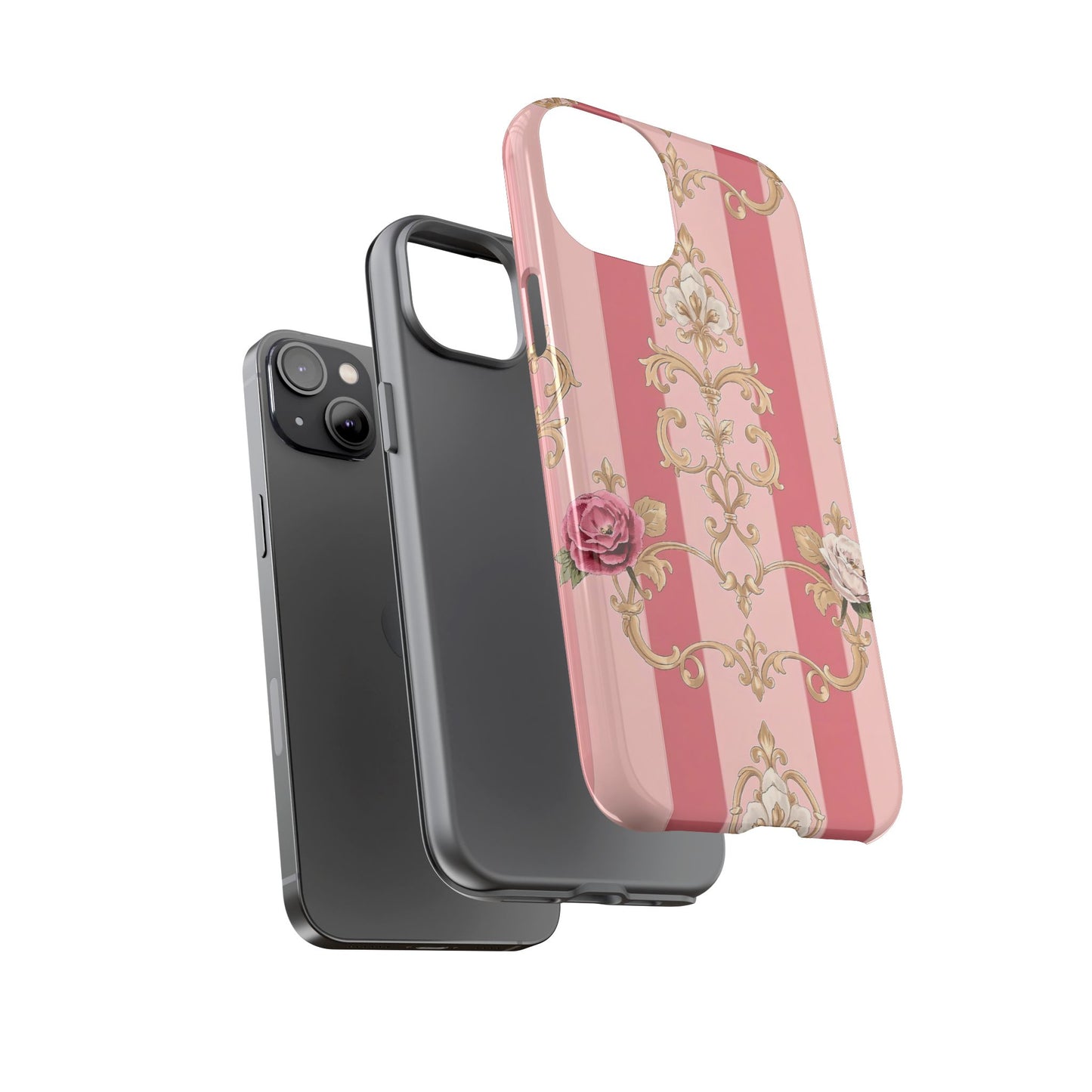 Elegant Floral Motif Phone Case - Tough Cases with Vintage Design - Pink Striped Roses & Damask