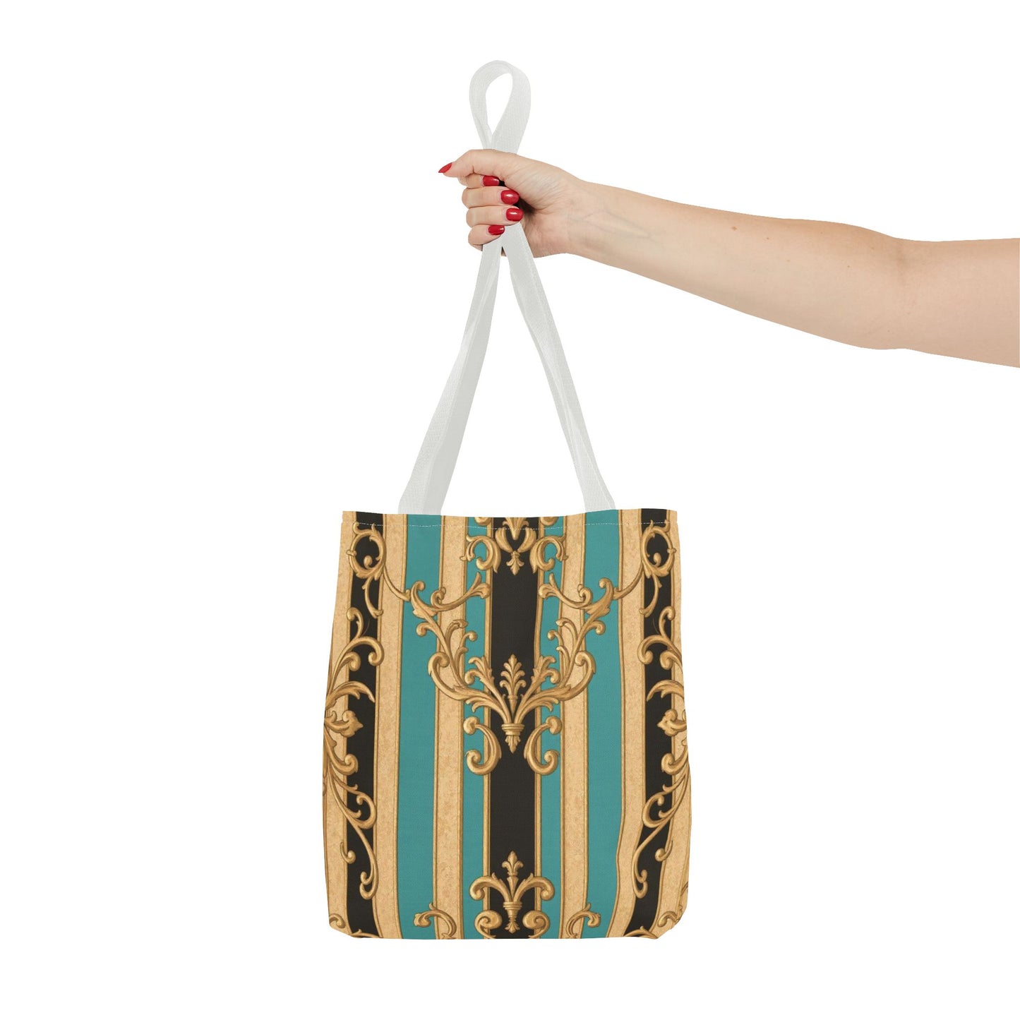 Elegant Black, Tan & Ocean Green Striped Gold Baroque Vintage Pattern Tote Bag, Stylish Carryall, Fashionable Handbag, Perfect Gift for Mother’s Day