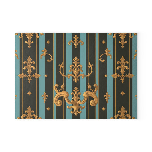 Elegant Vintage Style Glass Cutting Board | Kitchen Decor, Gift for Foodies, Housewarming, Bridal Shower - Black & Turquoise Striped Baroque