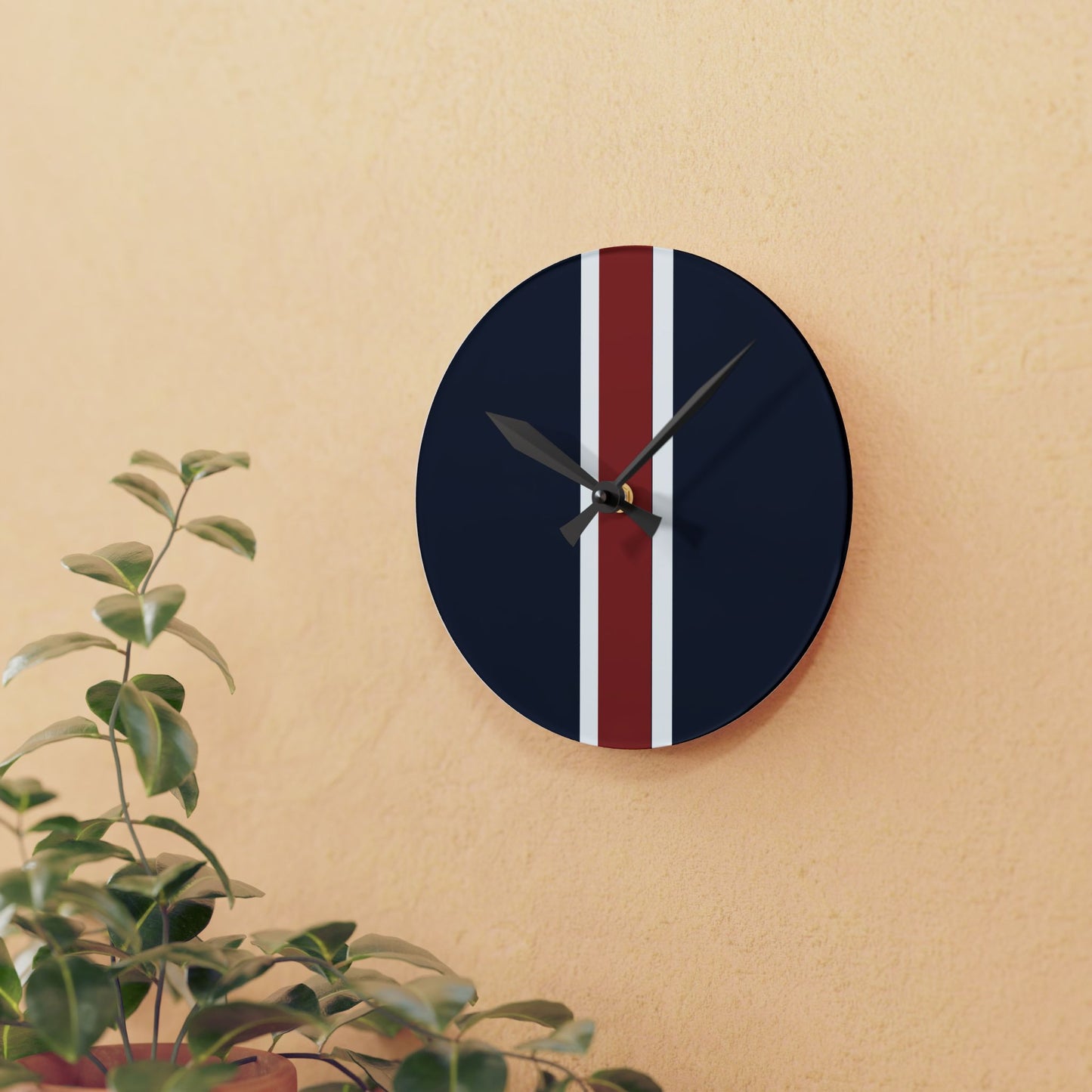 Lunar Midnight & Red-White Striped Acrylic Wall Clock, Modern Home Decor, Minimalist Office Timepiece, Gift for Him, Stylish Wall Art