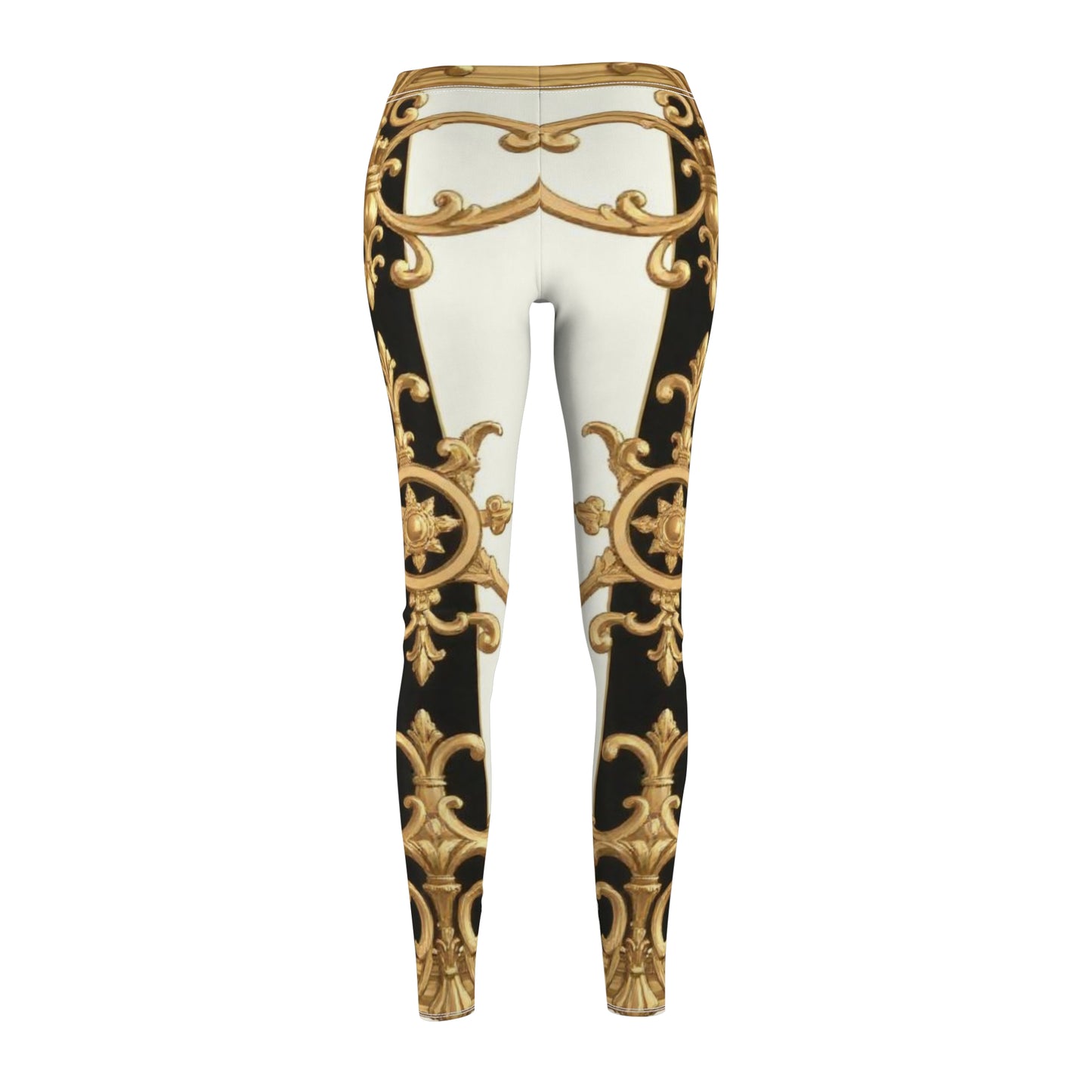 Elegant Women's AOP Leggings - Luxurious Comfort for Casual Style, Fashion Leggings, Trendy Fitness Wear - Black & White Striped Gold Baroque