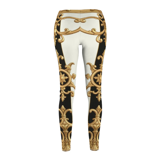 Elegant Women's AOP Leggings - Luxurious Comfort for Casual Style, Fashion Leggings, Trendy Fitness Wear - Black & White Striped Gold Baroque