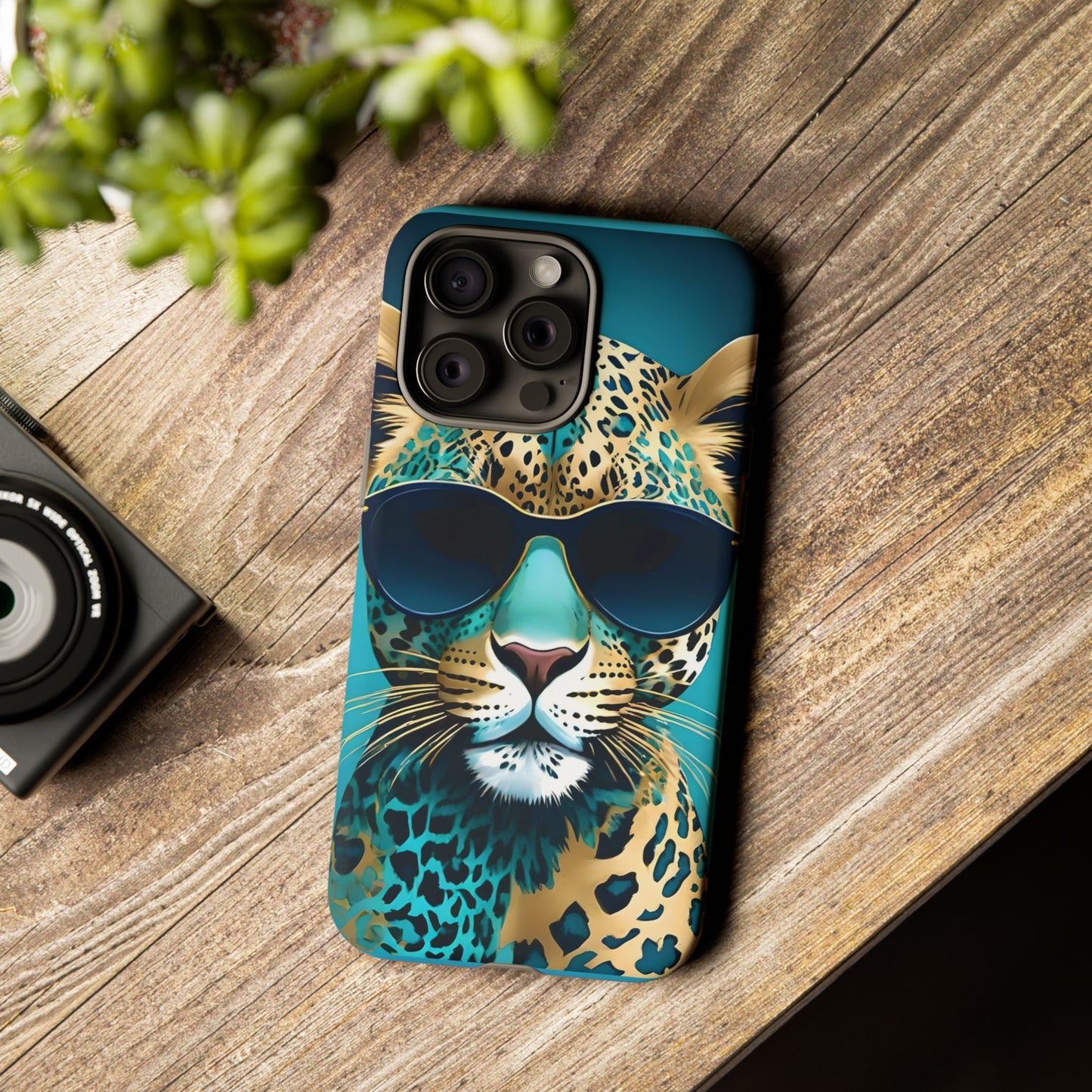 Phone Case - Aqua & Gold Leopard In Sunglasses Design