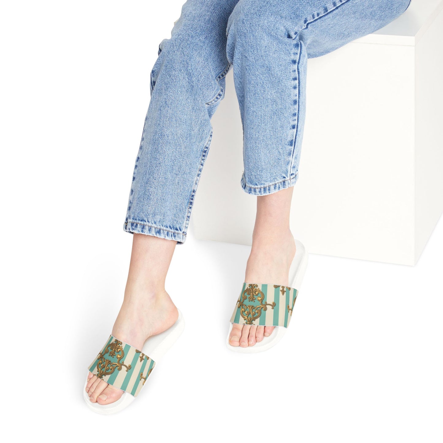 Chic Removable-Strap Sandals | Stylish Summer Footwear, Beach Sandals, Casual Slides, Floral Pattern - Matte Green Striped Rococo