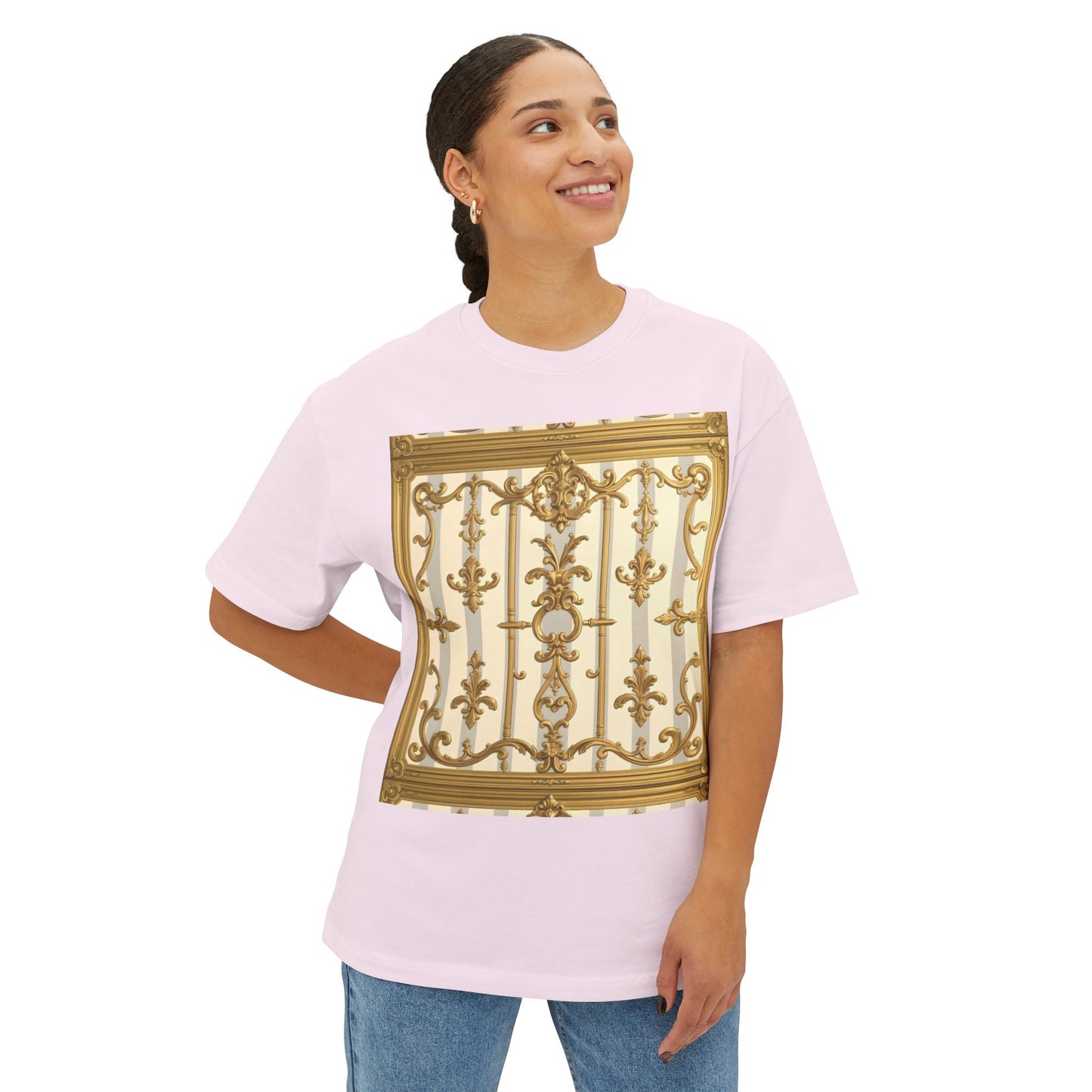 Golden Art Unisex Oversized Tee, Graphic Tee, Trendy Streetwear, Casual Shirt - Matte Gray & Cream Striped Gold Baroque