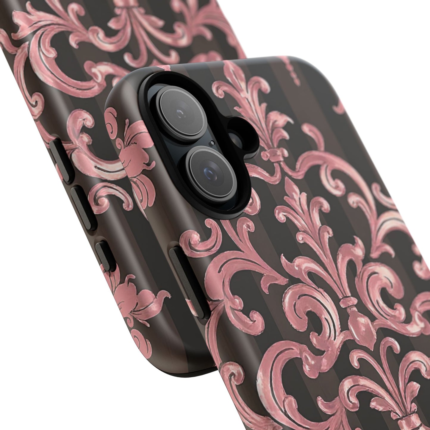 Elegant Floral Motif Phone Case - Tough Cases with Vintage Design - Brown Striped Mauve Damask