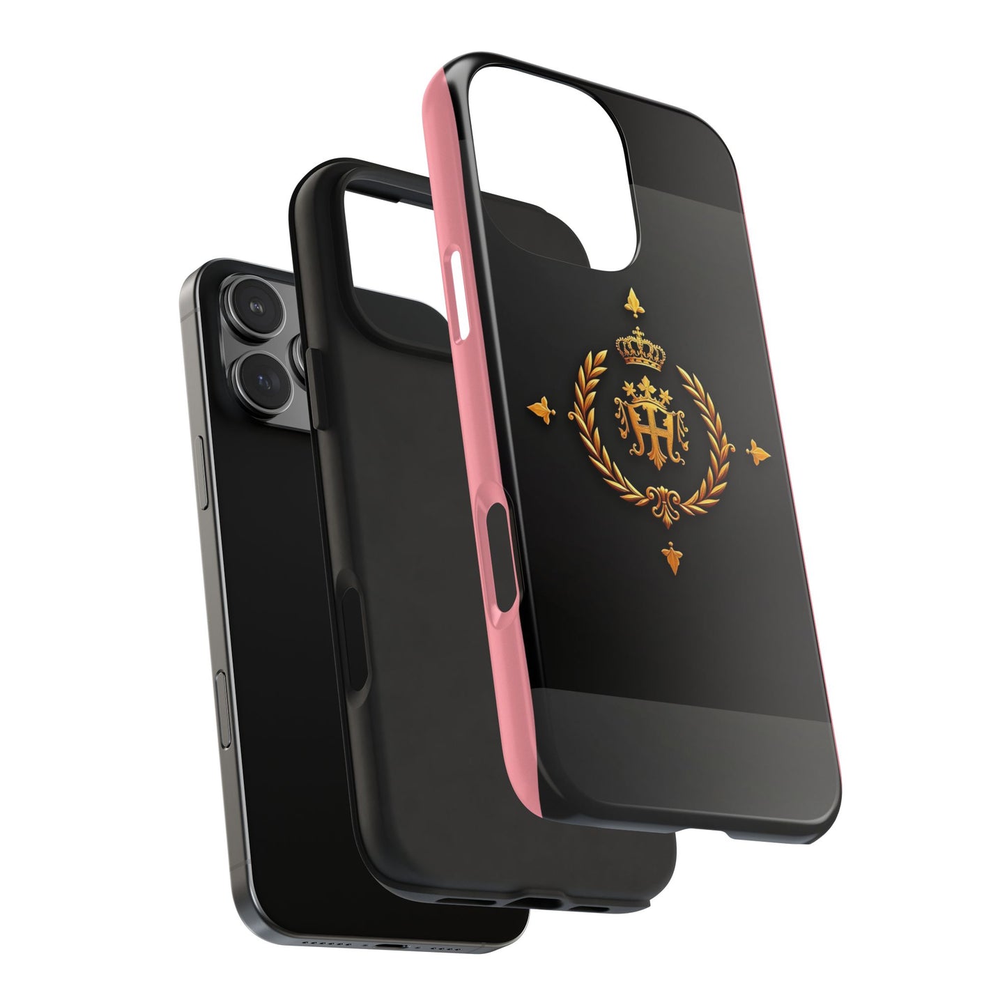 Tough Phone Case with Regal Design - Elegant Phone Protection, Gift for Him/Her, Royalty Inspired - Pink Striped Gold Crest