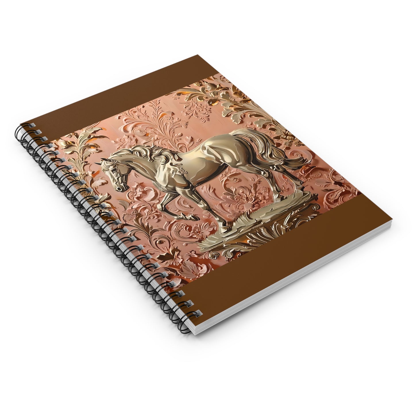 Elegant Vintage Spiral Notebook - Ruled Line with Gold Horse In Peach & Gold Damask