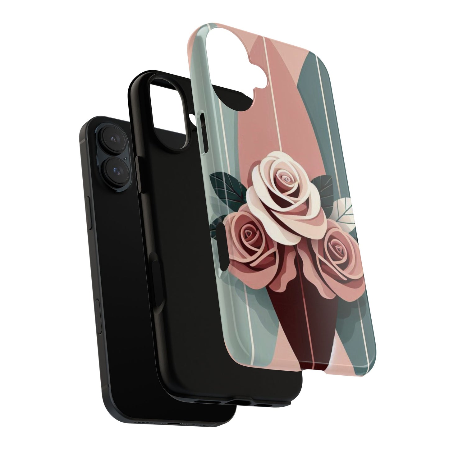 Phone Case - Burgundy, Matte Mauve & Teal Surfboard & Roses Design