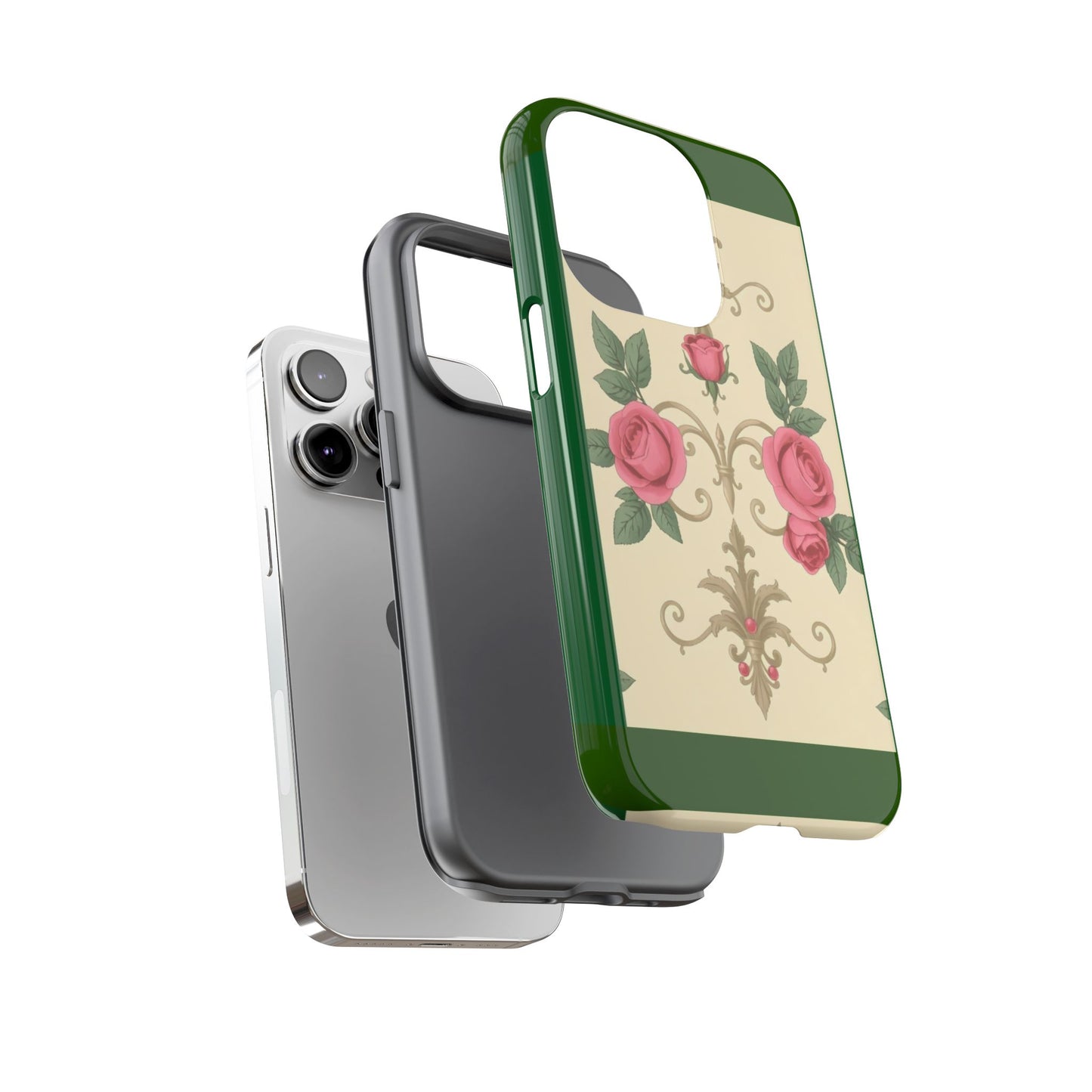 Elegant Floral Motif Phone Case - Tough Cases with Vintage Design - Green Border Roses & Damask