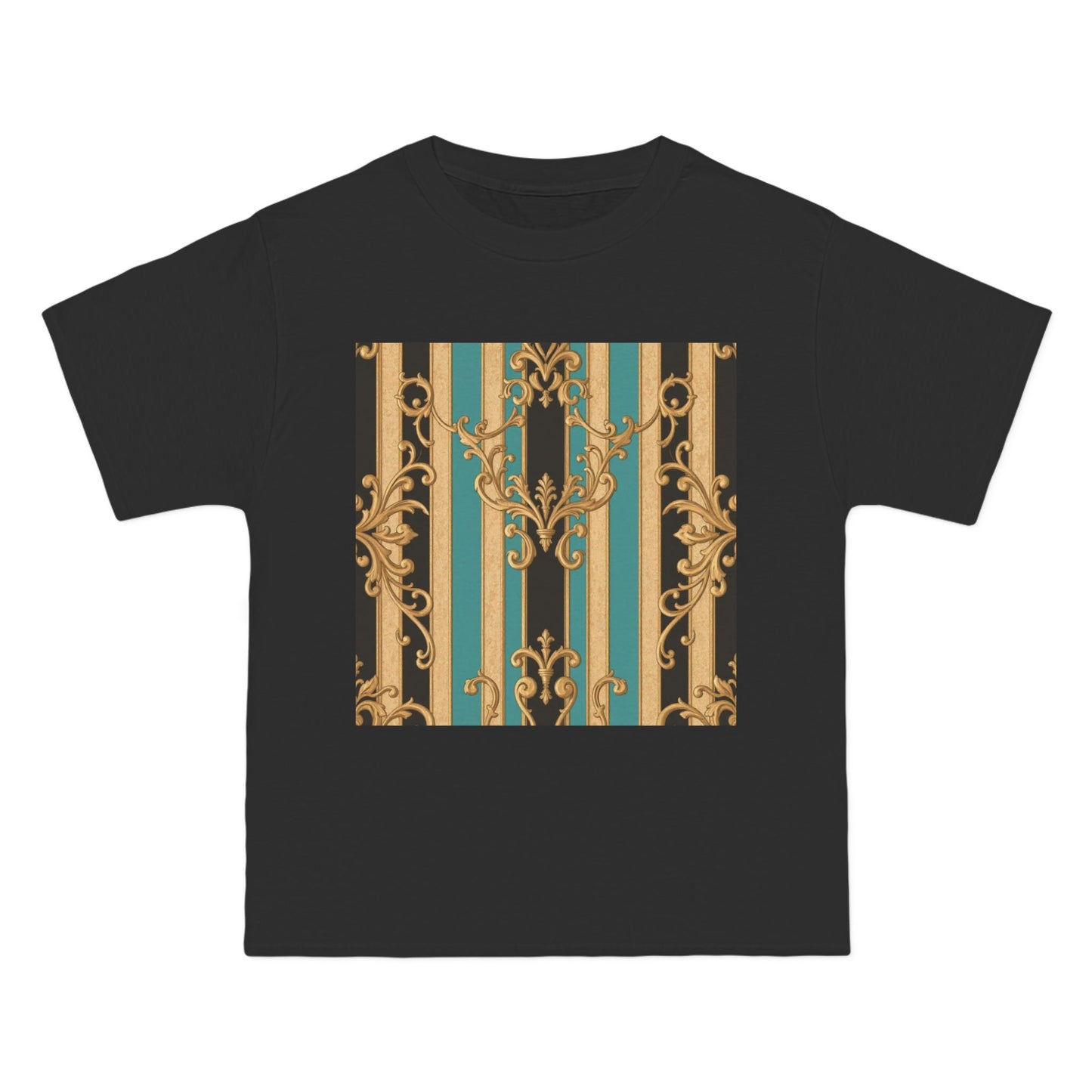 Chic Black, Tan & Ocean Green Striped Gold Baroque Vintage Pattern T-Shirt - Art Shirt, Stylish Casual Wear, Gifts & Everyday Fashion