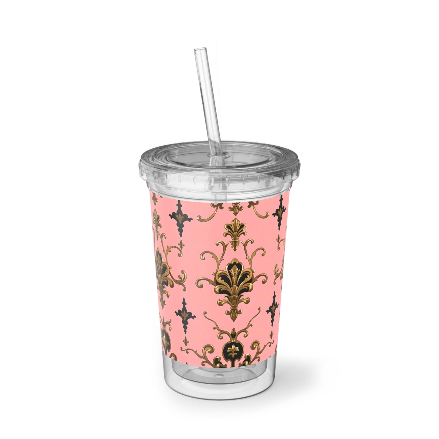 Chic Travel Cup, Elegant Plastic Tumbler for Coffee or Water, Party Favors, Gift for Friends - Pink, Black & Gold Rococo