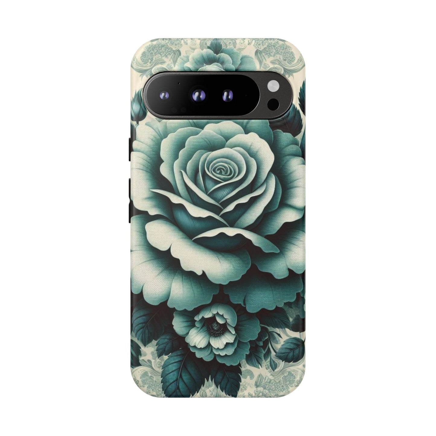 Elegant Floral Motif Phone Case - Tough Cases with Vintage Design - Teal Roses & Damask