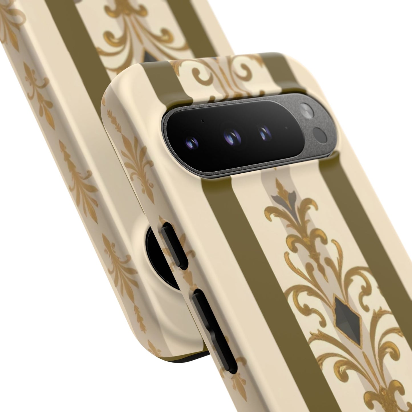 Elegant Floral Motif Phone Case - Tough Cases with Vintage Design - Olive Striped Gold Damask