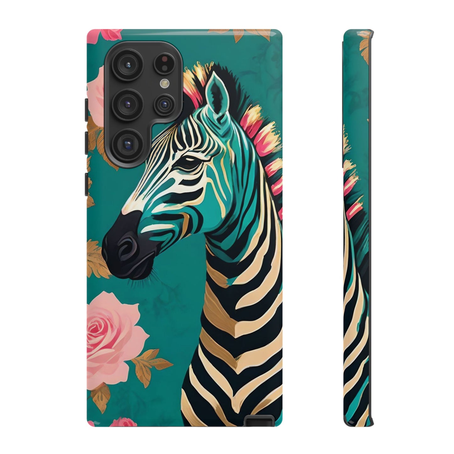 Phone Case - Elegant Teal & Gold Zebra & Roses Design