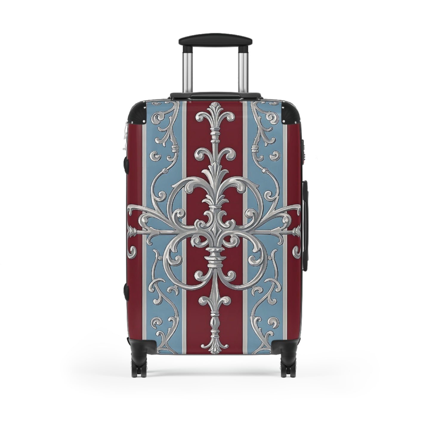 Stylish Travel Suitcase with Elegant Floral Design - Ice Blue & Burgundy Striped Baroque