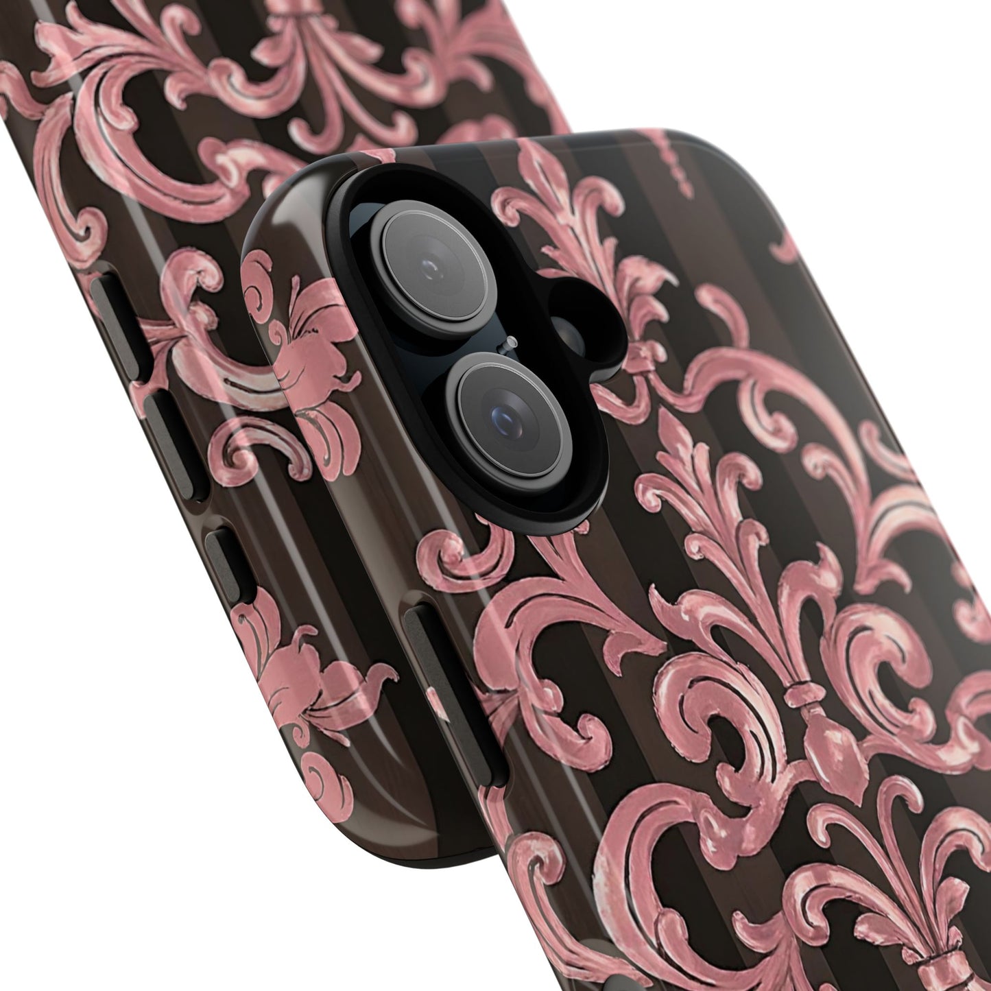 Elegant Floral Motif Phone Case - Tough Cases with Vintage Design - Brown Striped Mauve Damask