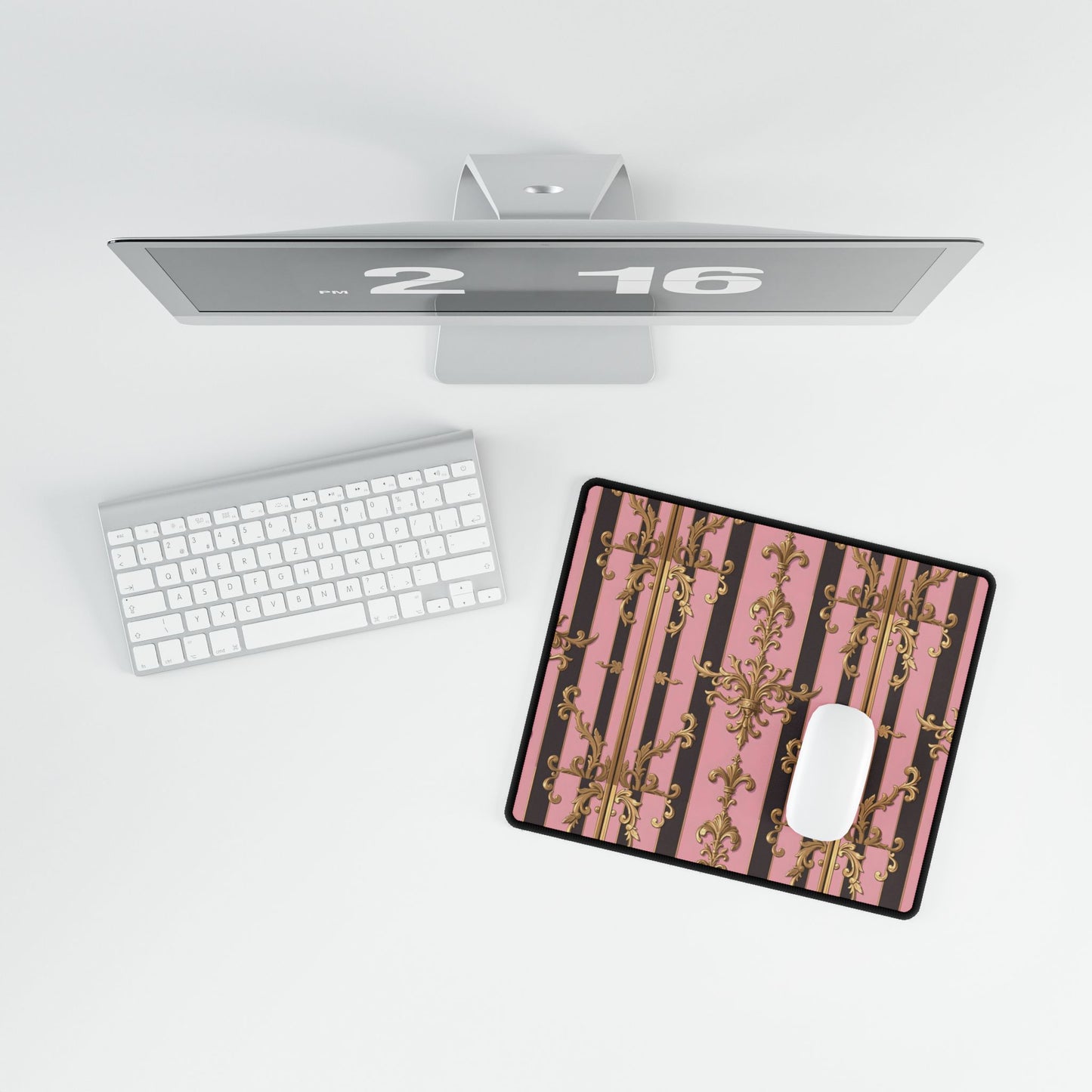Elegant Floral Motif Desk Mat for Home Office Decor - Pink & Brown Striped Gold Damask