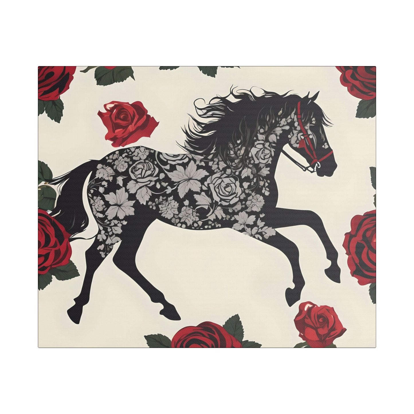 Art Print Canvas, Wall Decor, Satin Stretched Canvas, Equestrian Art, Office Decor, Home Decor - Horse & Roses