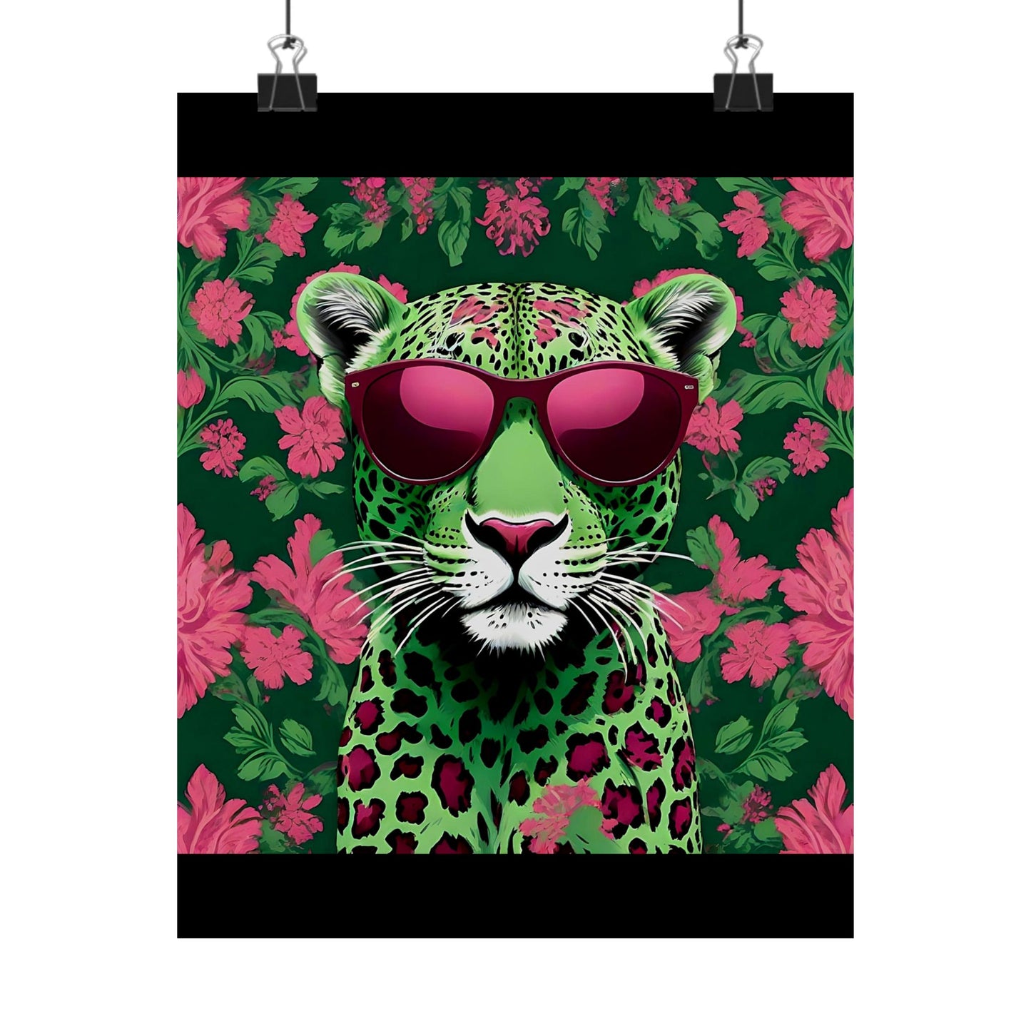 Floral Motif Art Poster - Elegant Matte Vertical Wall Decor - Lime Green & Burgundy Leopard In Sunglasses