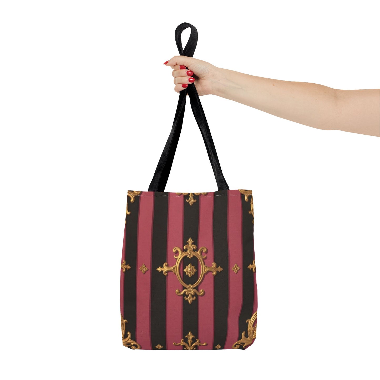 Elegant Black & Mauve Striped Gold Baroque Tote Bag - Chic Fashion Accessory, Shopping Companion, Decorative Carryall, Stylish Everyday Use