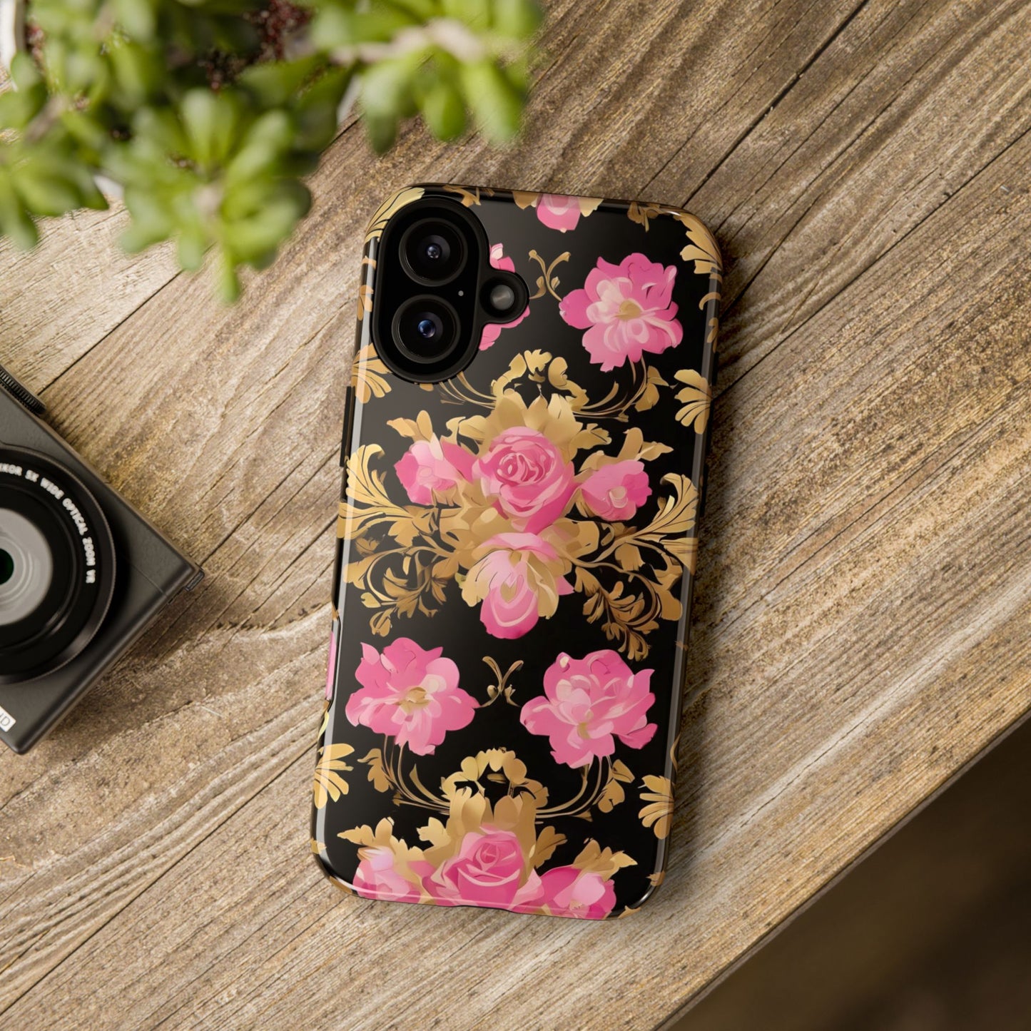 Elegant Floral Motif Phone Case - Tough Cases with Vintage Design - Pink & Gold Roses