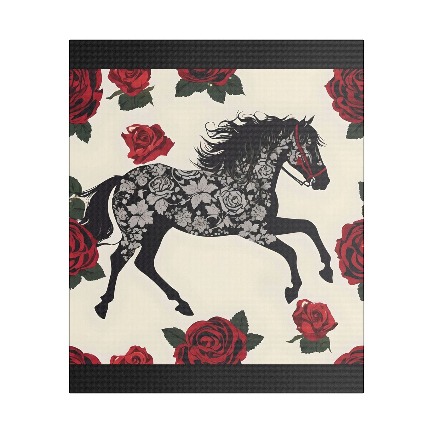 Art Print Canvas, Wall Decor, Satin Stretched Canvas, Equestrian Art, Office Decor, Home Decor - Horse & Roses