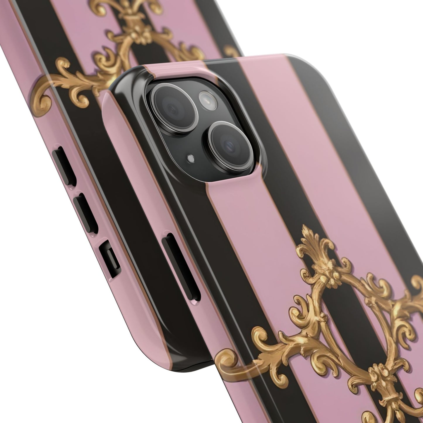 Stylish Tough Phone Case for Elegant Protection, Fashionable Accessories, Smartphone Cover - Matte Lavender & Black Striped Gold Baroque