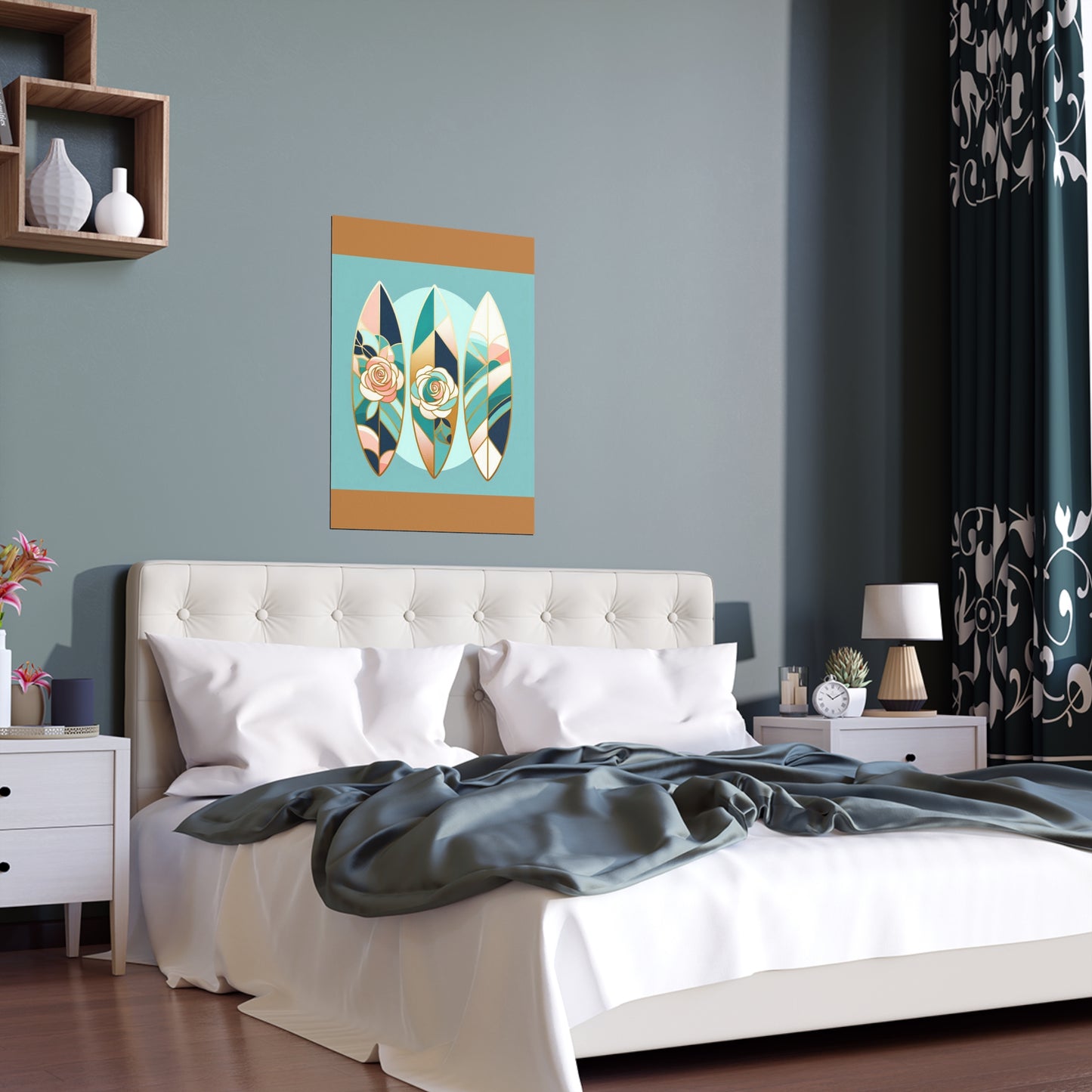 Elegant Floral Silk Poster - Indoor/Outdoor Wall Art for Home Decor - Blue, Pink & Aqua Surfboard & Roses