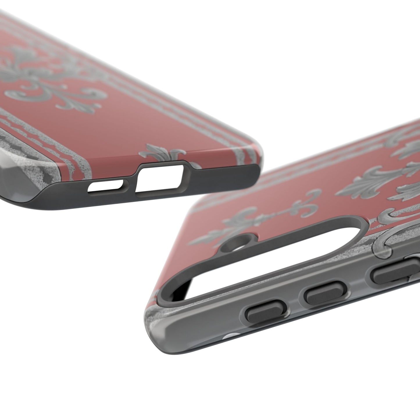 Elegant Floral Phone Case - Tough Cases for Stylish Protection - Gray & Mauve Striped Baroque