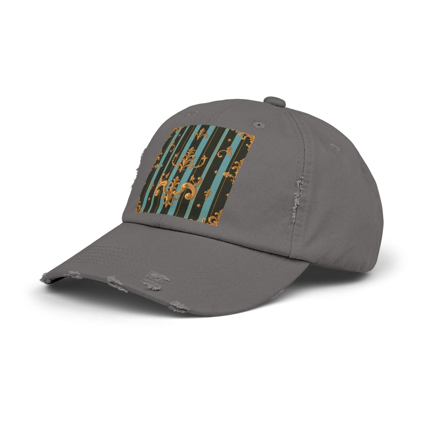 Vintage-Inspired Unisex Distressed Cap with Elegant Stripes and Ornate Design, Casual Hat for Fashion Lovers - Black & Turquoise Striped Baroque
