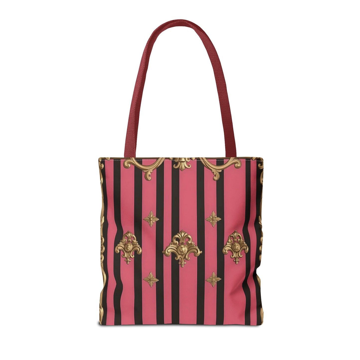 Chic Floral Tote Bag - Elegant Reusable Shopping Bag, Fashion Accessory, Gift for Her, Everyday Use, Eco-Friendly - Pink Striped Gold Rococo