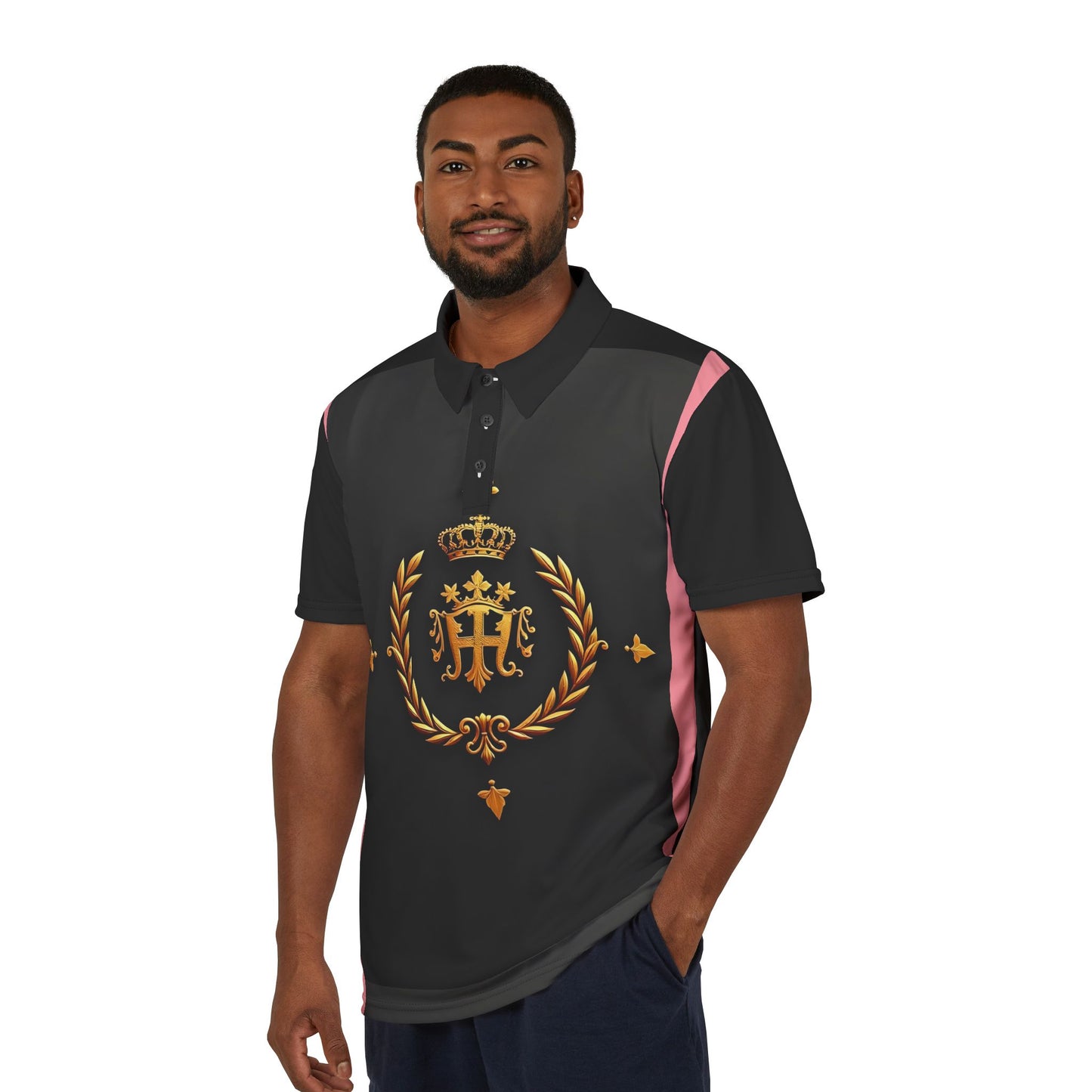 Royal Elegance Unisex Polo Shirt | Stylish Casual Wear, Gift for Him/Her, Summer Outing, Family Gatherings, Fashionable Tops - Pink Striped Gold Crest