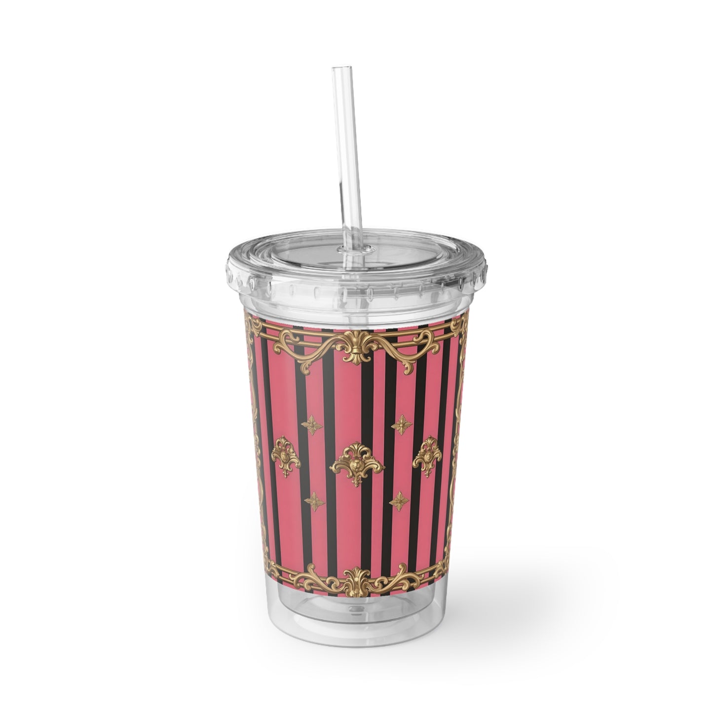 Chic Acrylic Cup with Gold Floral Design, Ideal for Parties, Gifting, Home Decor, Travel Mug, Summer Celebrations - Pink Striped Gold Rococo