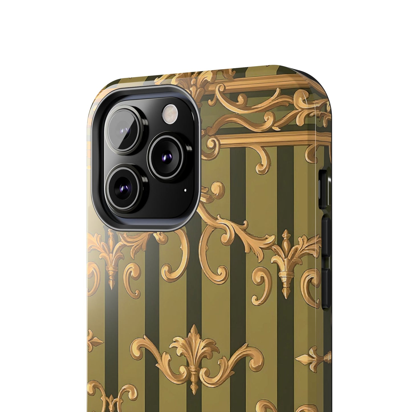 Elegant Vintage Phone Case - Tough Protection with Classy Design, Stylish Phone Cover for Fashion Lovers - Olive Green Striped Rococo