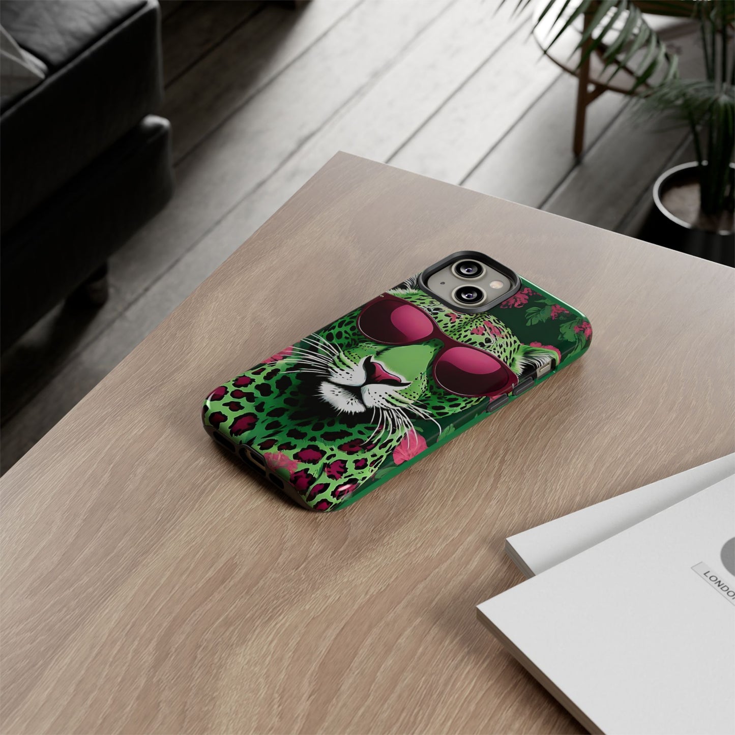 Phone Case - Lime Green & Burgundy Leopard In Sunglasses Design