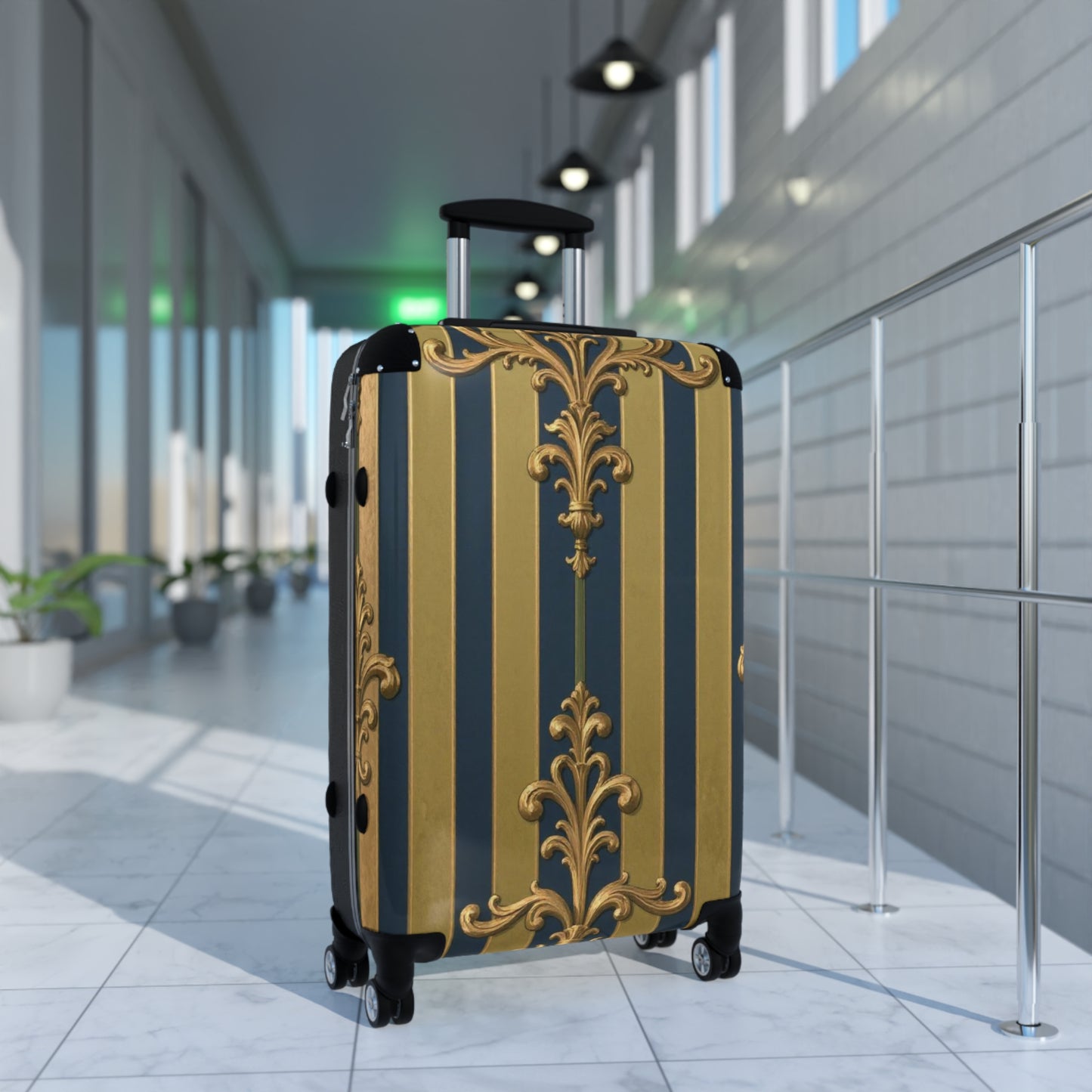 Elegant Midnight Blue & Olive Striped Gold Baroque Travel Suitcase, Chic Luggage for Stylish Travelers, Fashionable Overnight Bag, Luxury Baggage