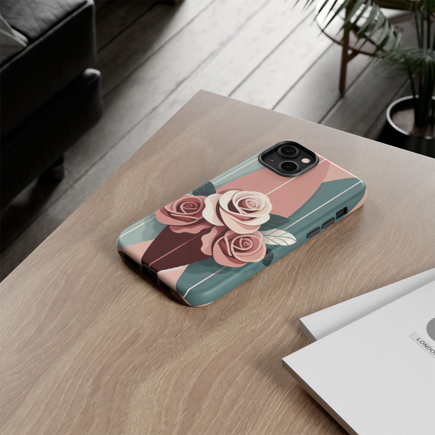 Phone Case - Burgundy, Matte Mauve & Teal Surfboard & Roses Design