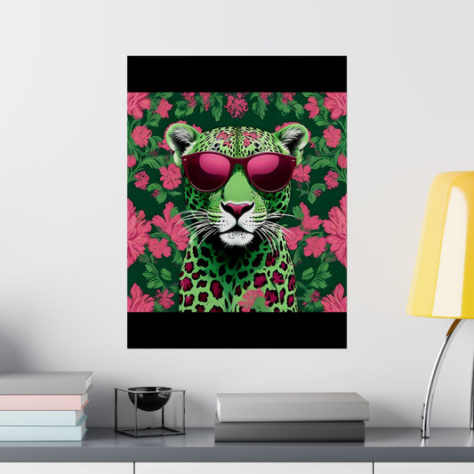Floral Motif Art Poster - Elegant Matte Vertical Wall Decor - Lime Green & Burgundy Leopard In Sunglasses